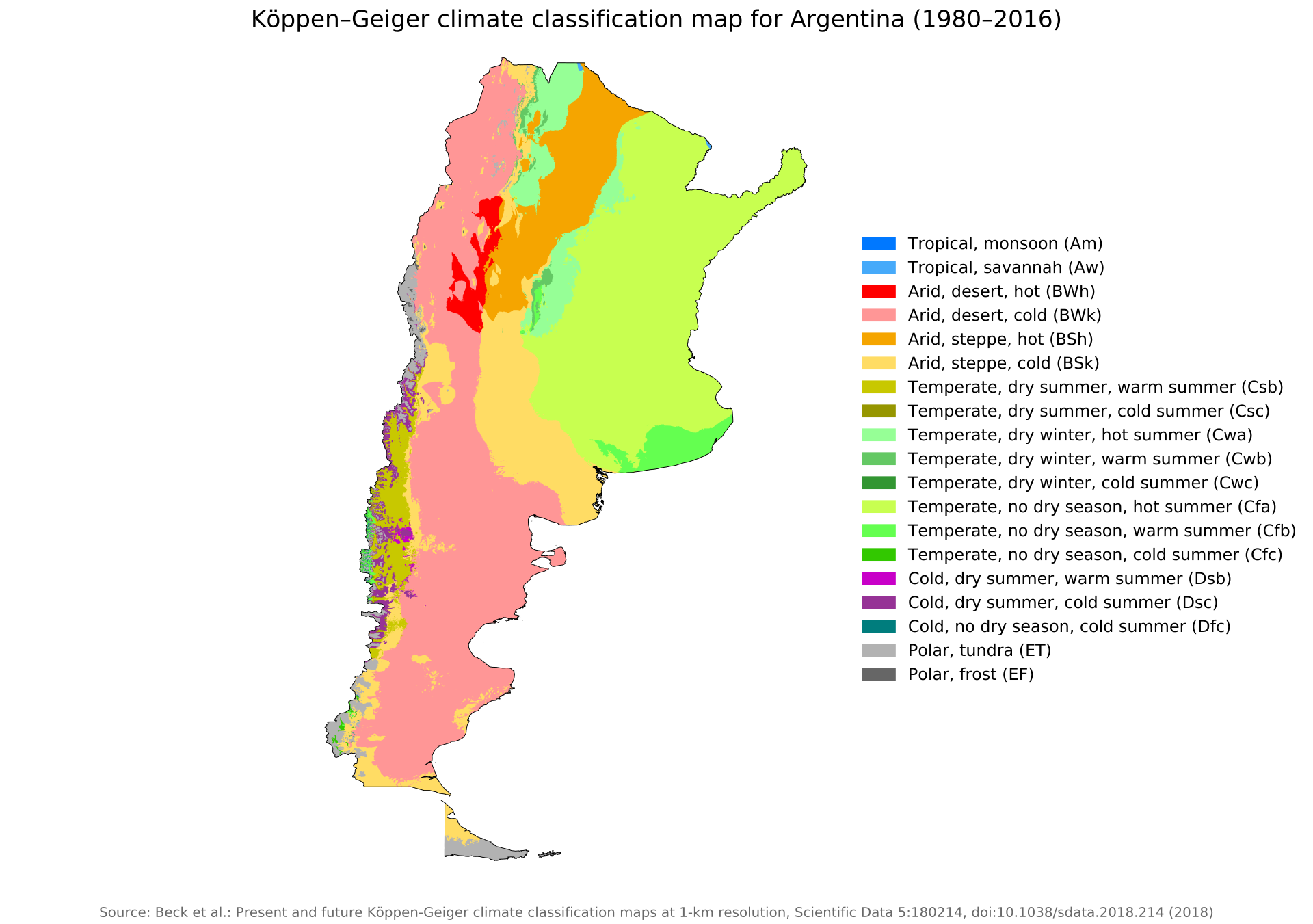 Map showing the different climate zones found within Argentina based on the Köppen climate classification